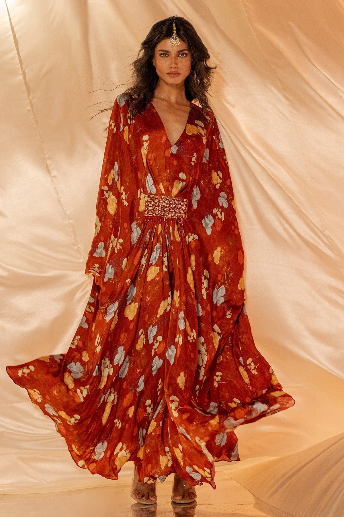 Buy Rust V-Neck Embroidered Kaftan by Shristi Chetani for women online at ScrollnShops